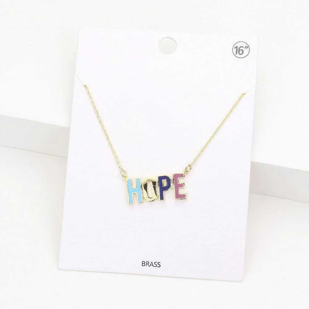 Gold HOPE Brass Metal Enamel Message Pendant Necklace - Jewelry Store by Erik Rayo