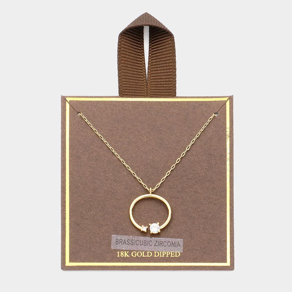 Gold 18K Gold Dipped CZ Stone Accented Open Circle Pendant Necklace