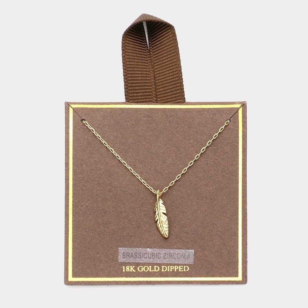 Gold 18K Gold Dipped CZ Stone Paved Feather Pendant Necklace