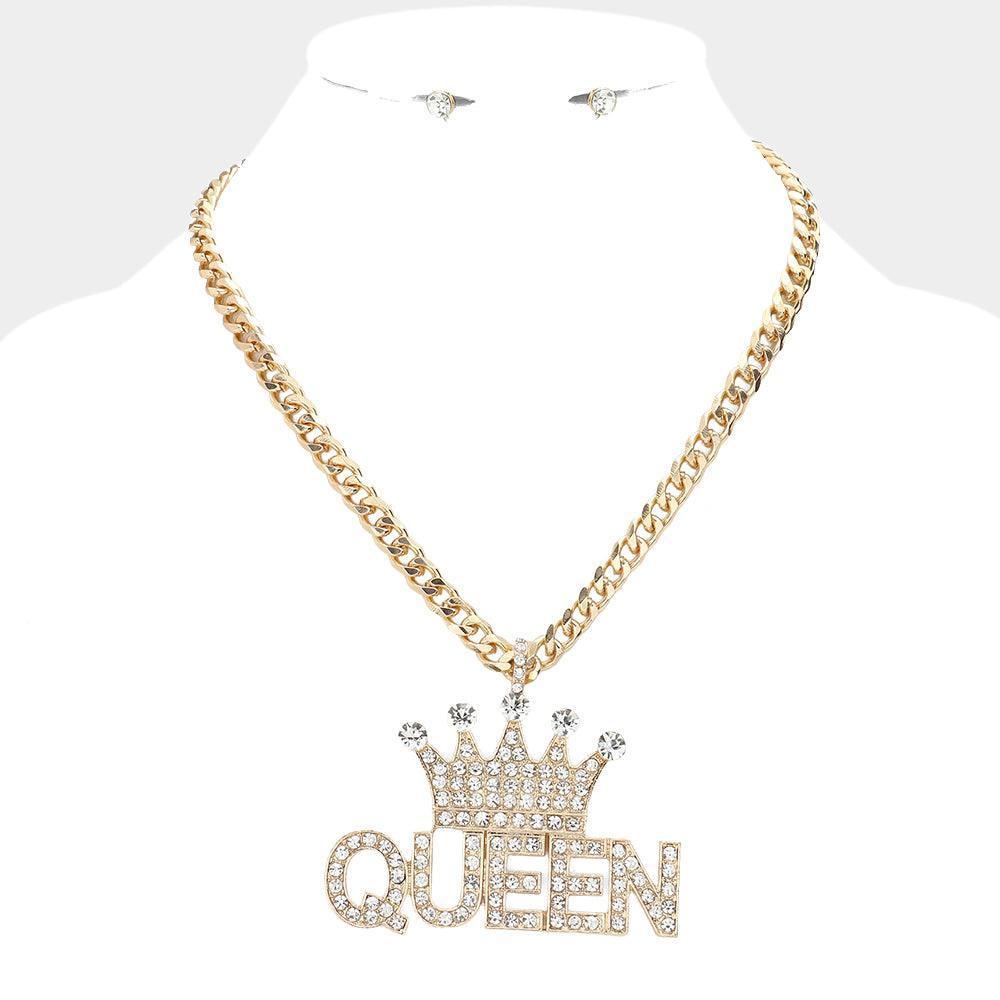 Gold Crown Queen Message Pendant Necklace - Jewelry Store by Erik Rayo
