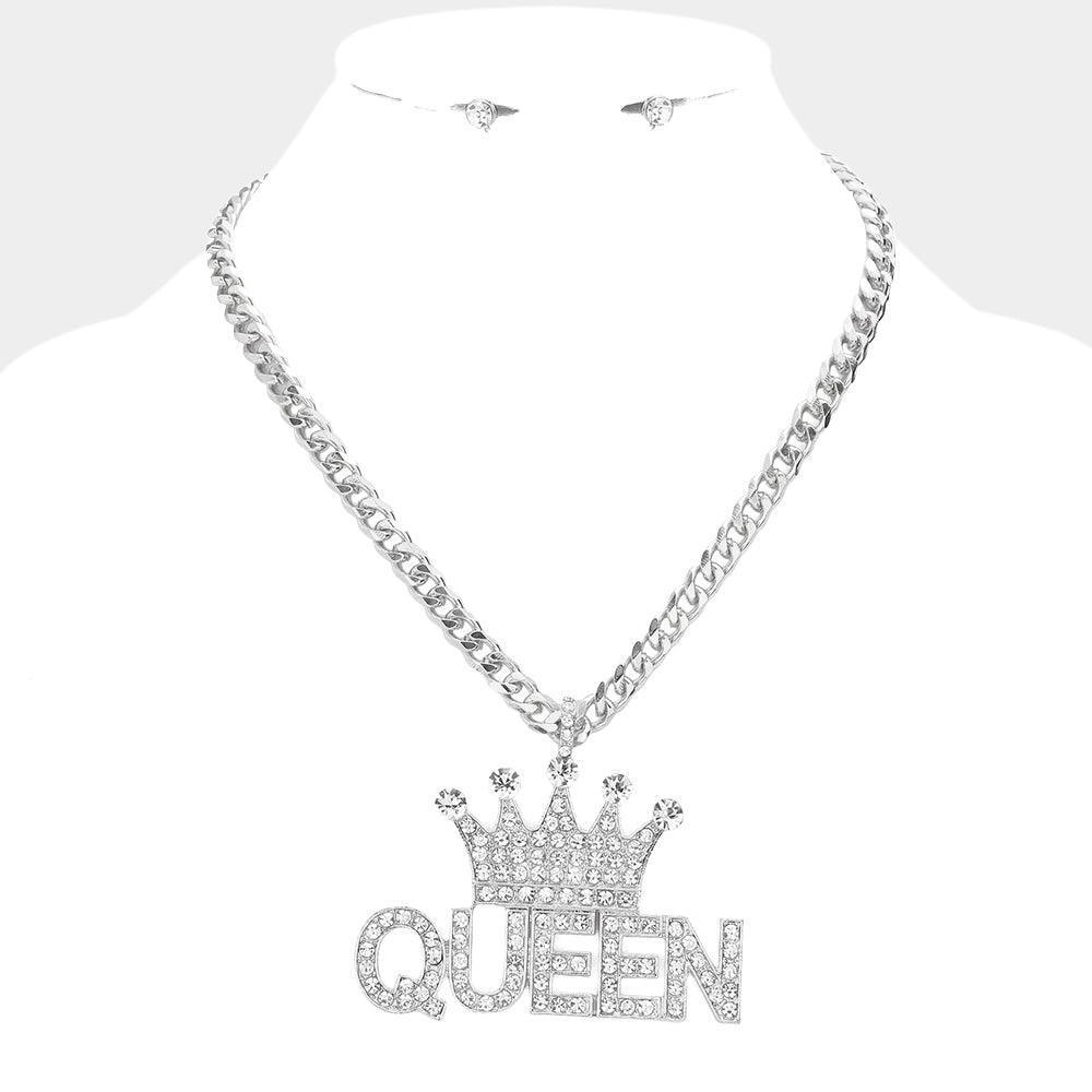 Silver Crown Queen Message Pendant Necklace - Jewelry Store by Erik Rayo