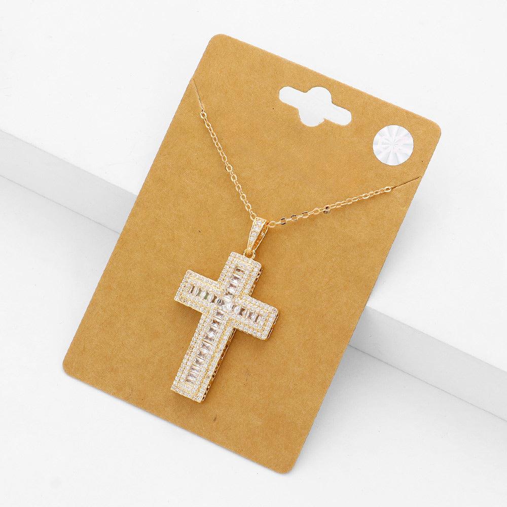 Gold CZ Stone Paved Cross Pendant Necklace