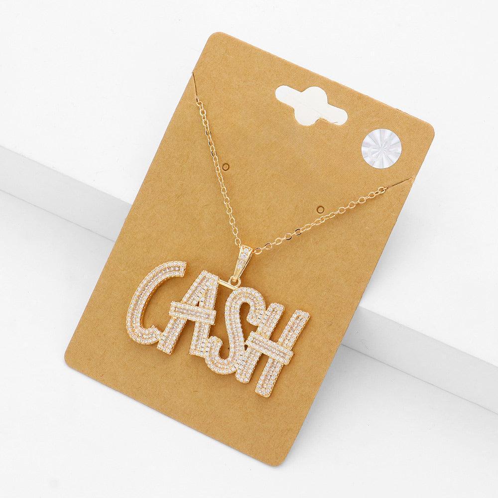Gold CZ Stone Paved CASH Message Pendant Necklace - Jewelry Store by Erik Rayo