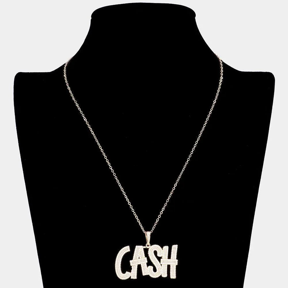 Gold CZ Stone Paved CASH Message Pendant Necklace - Jewelry Store by Erik Rayo