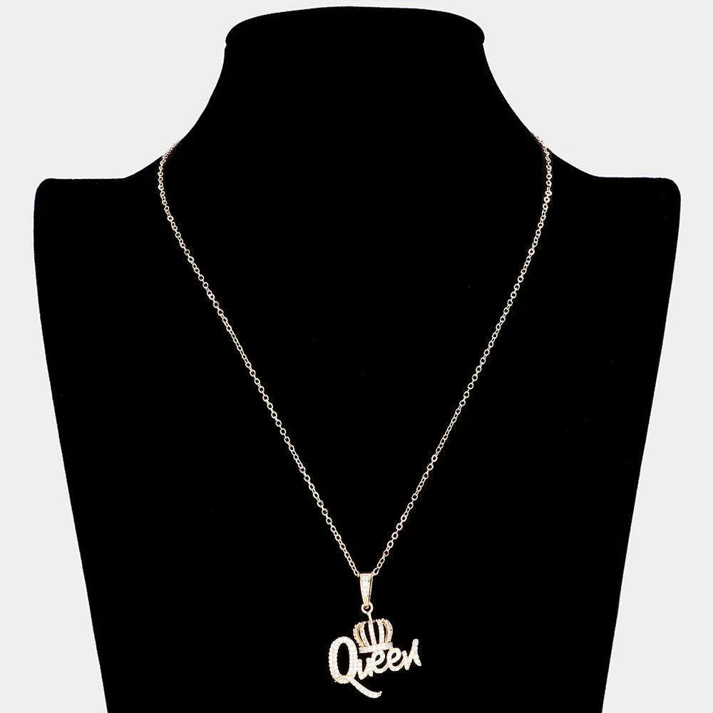 Gold CZ Stone Paved QUEEN Message Pendant Necklace - Jewelry Store by Erik Rayo