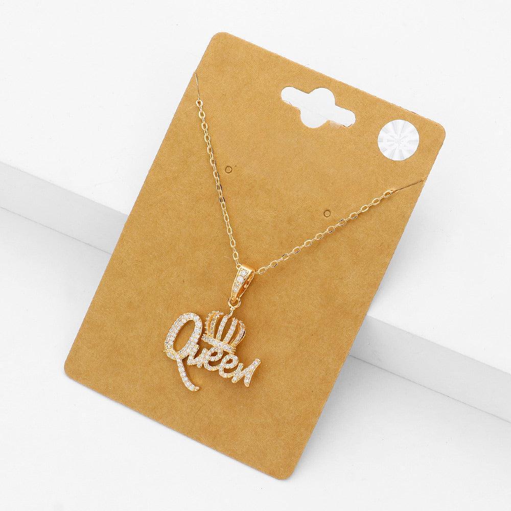 Gold CZ Stone Paved QUEEN Message Pendant Necklace - Jewelry Store by Erik Rayo