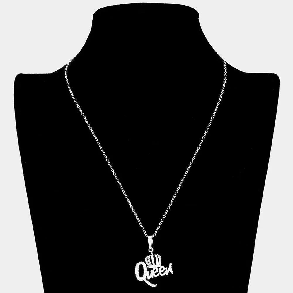 CZ Stone Paved QUEEN Message Pendant Necklace - Jewelry Store by Erik Rayo
