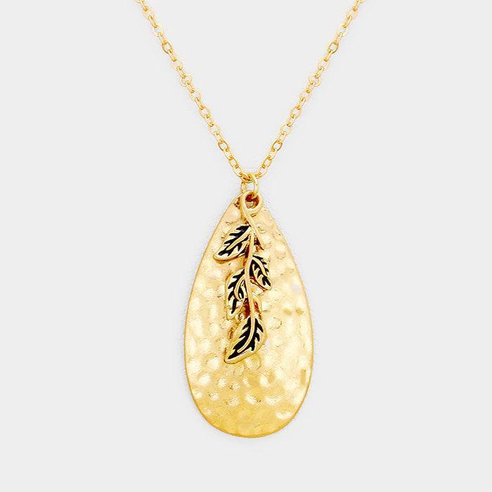 Gold Hammered Teardrop Leaf Charm Pendant Necklace - Jewelry Store by Erik Rayo