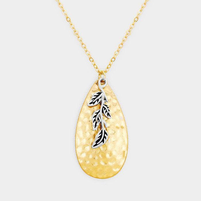 Gold Hammered Teardrop Leaf Charm Pendant Necklace - Jewelry Store by Erik Rayo