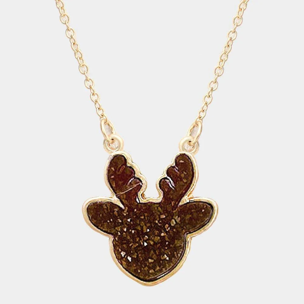Brown Druzy Reindeer Pendant Necklace - Jewelry Store by Erik Rayo