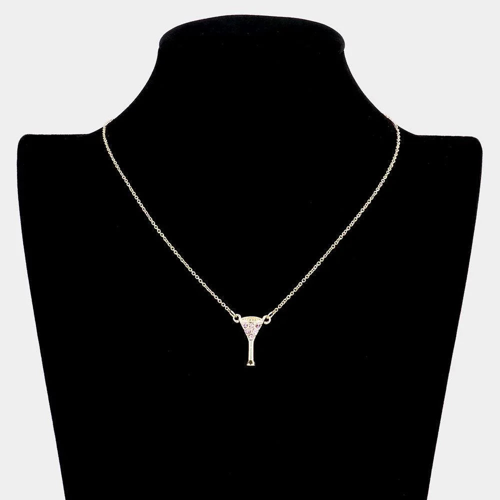 Pink Rhinestone Embellished Cocktail Pendant Necklace - Jewelry Store by Erik Rayo