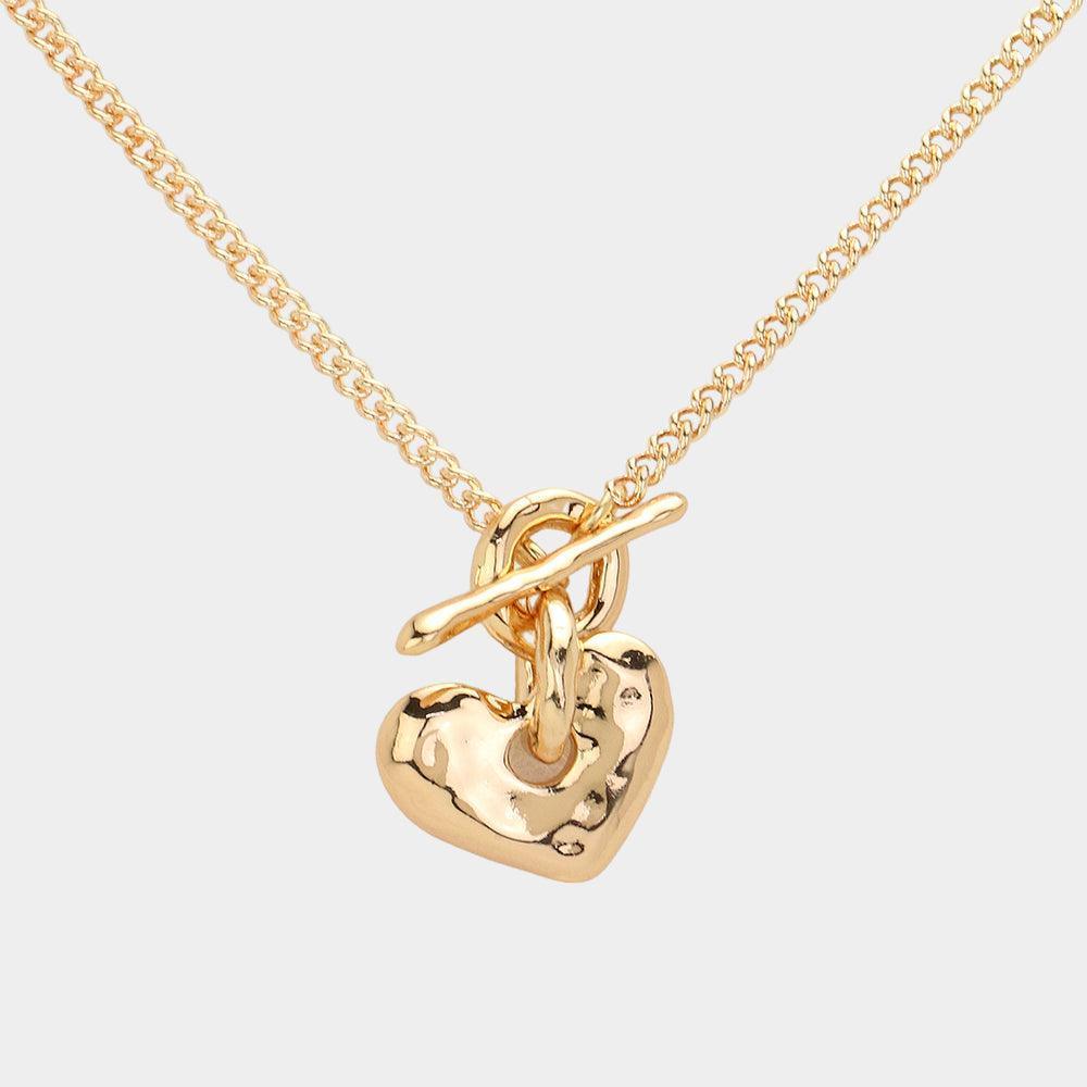 Gold Hammered Metal Heart Pendant Toggle Necklace - Jewelry Store by Erik Rayo