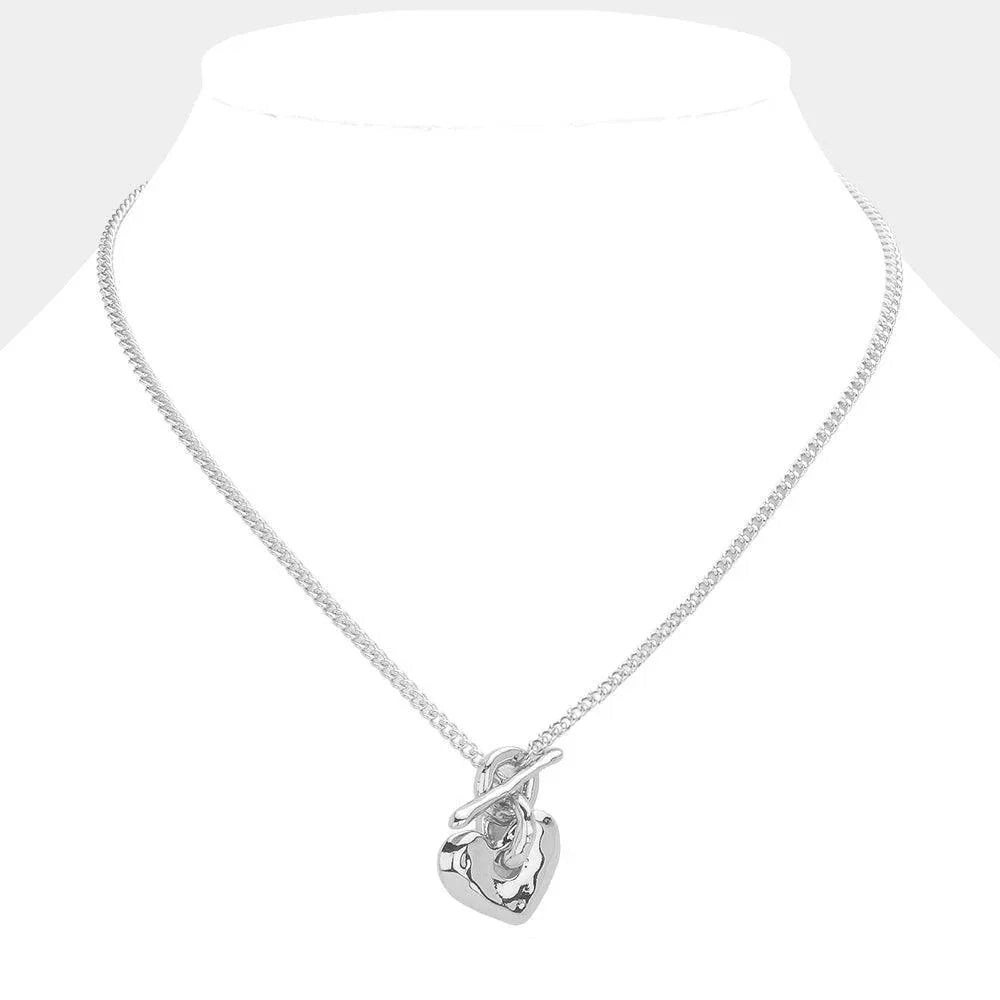 Silver Hammered Metal Heart Pendant Toggle Necklace - Jewelry Store by Erik Rayo