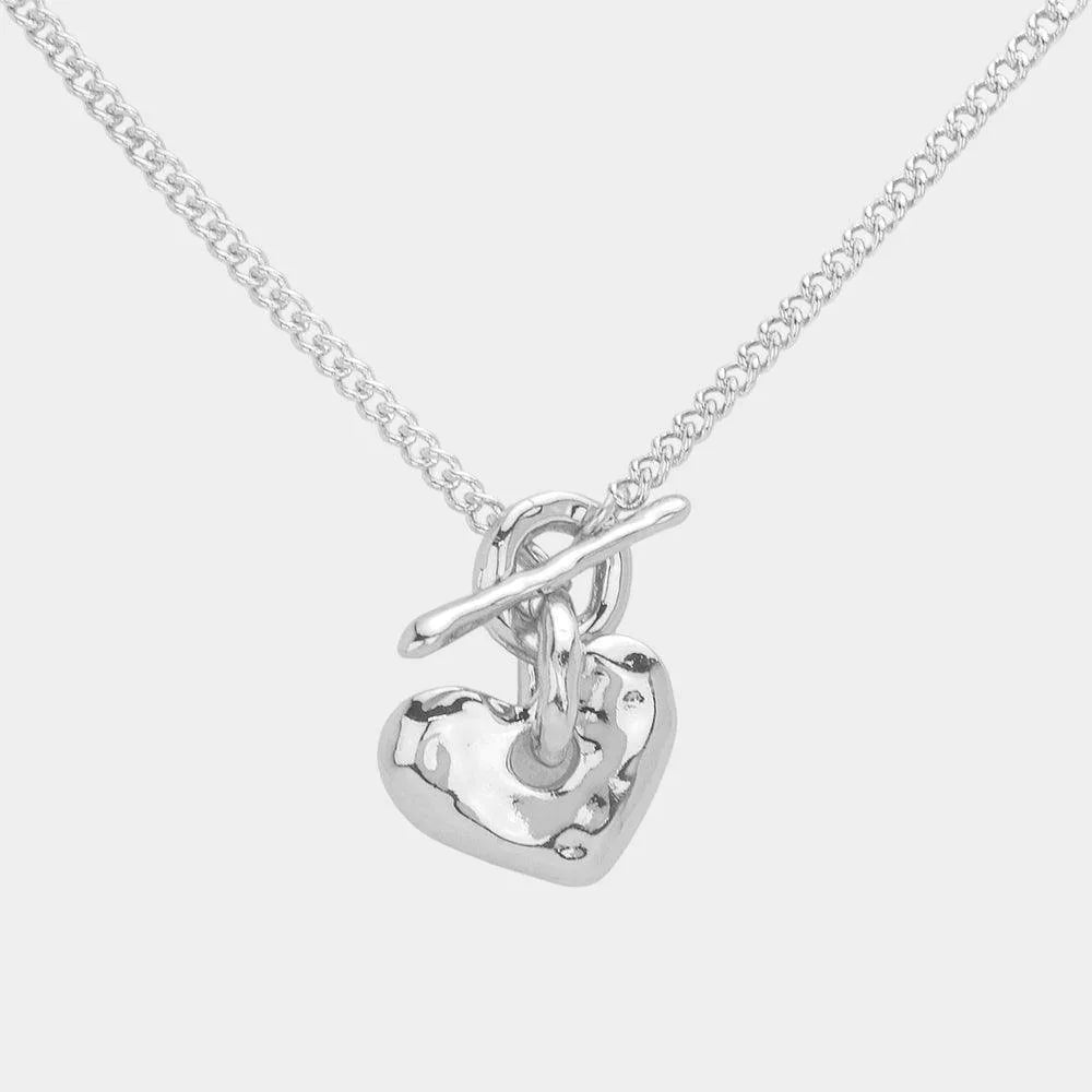 Silver Hammered Metal Heart Pendant Toggle Necklace - Jewelry Store by Erik Rayo