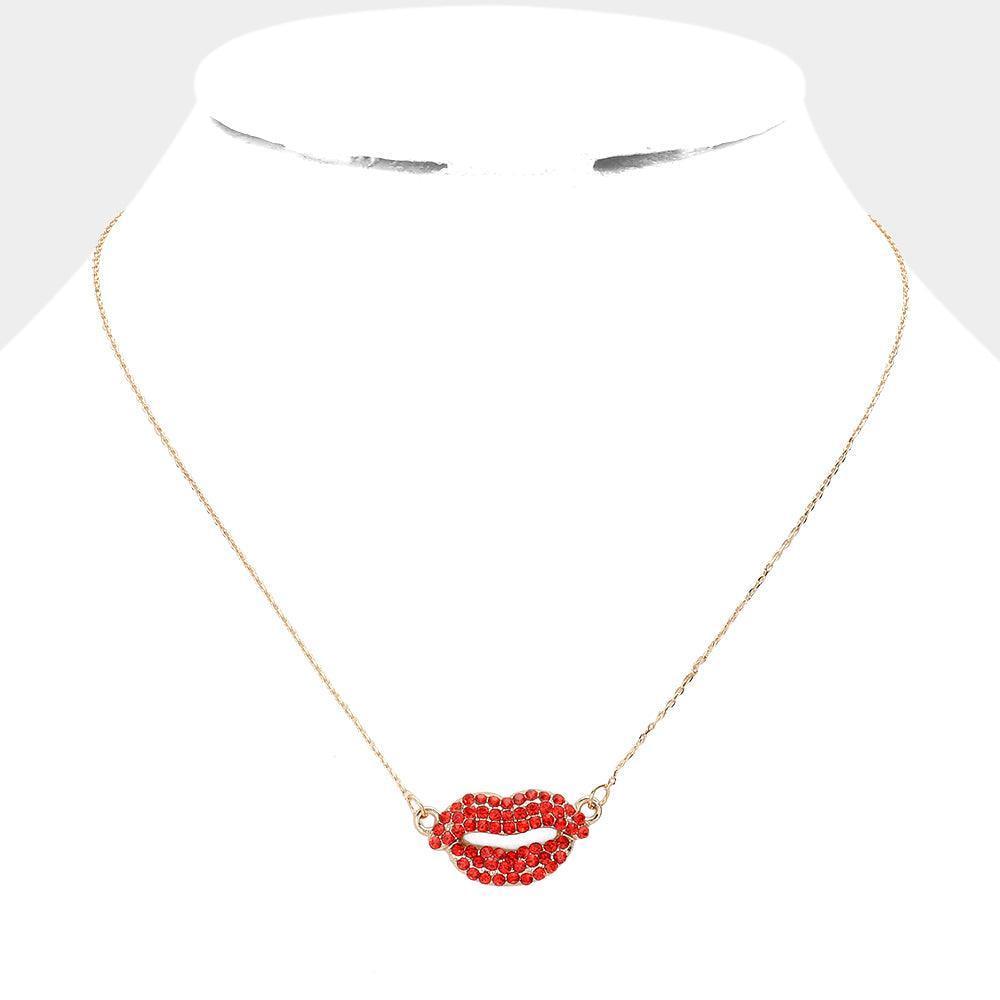 Red Rhinestone Embellished Lips Pendant Necklace - Jewelry Store by Erik Rayo