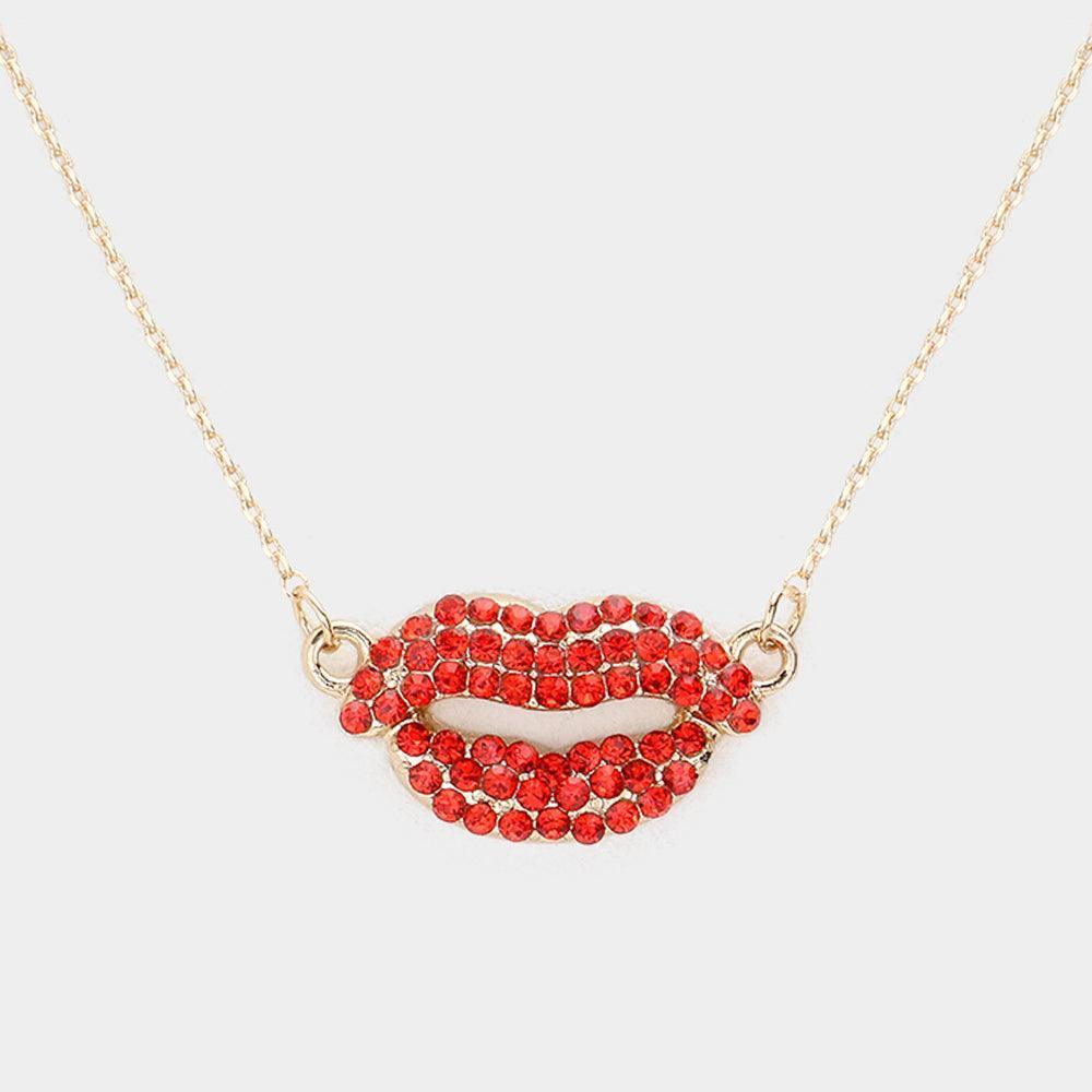 Red Rhinestone Embellished Lips Pendant Necklace - Jewelry Store by Erik Rayo