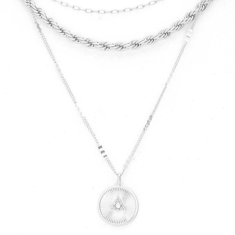 Silver Triangle Centered Metal Disc Pendant Triple Layered Necklace - Jewelry Store by Erik Rayo