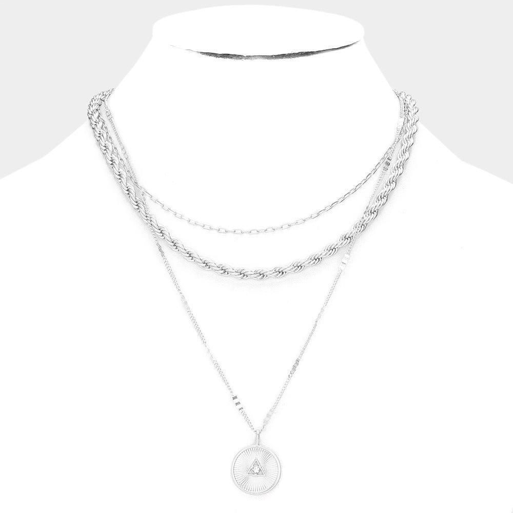 Silver Triangle Centered Metal Disc Pendant Triple Layered Necklace - Jewelry Store by Erik Rayo
