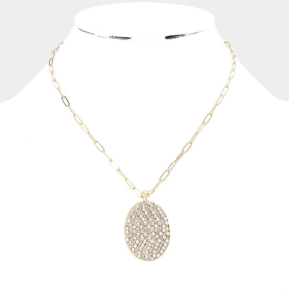 Gold Rhinestone Embellished Metal Oval Pendant Necklace - Jewelry Store by Erik Rayo