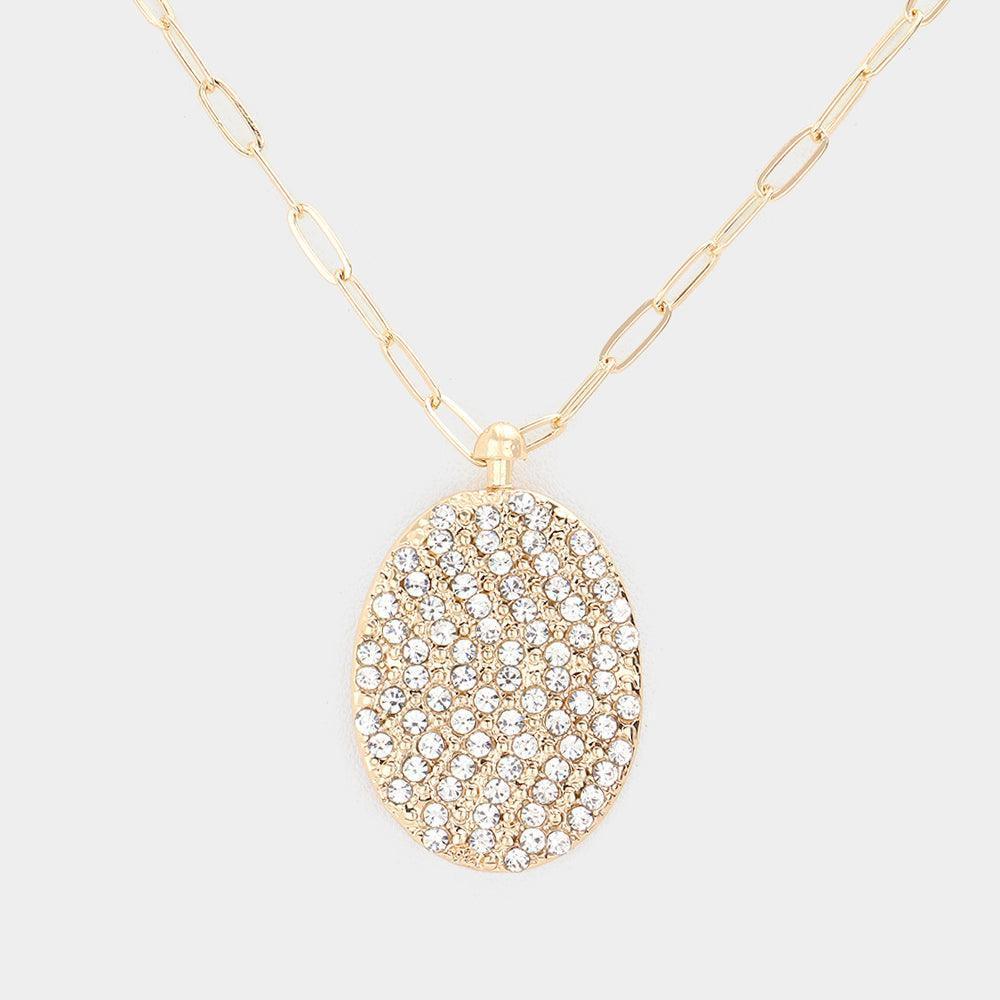Gold Rhinestone Embellished Metal Oval Pendant Necklace - Jewelry Store by Erik Rayo