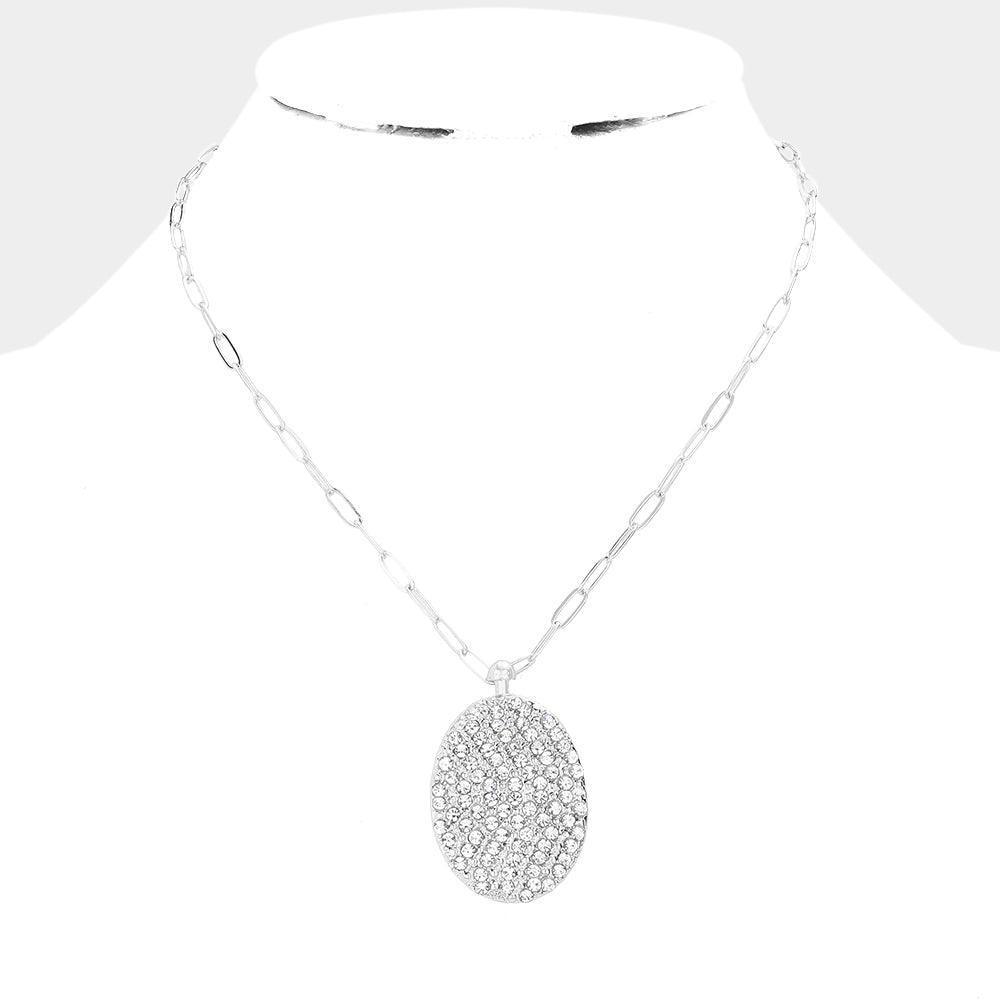 Rhinestone Embellished Metal Oval Pendant Necklace - Jewelry Store by Erik Rayo