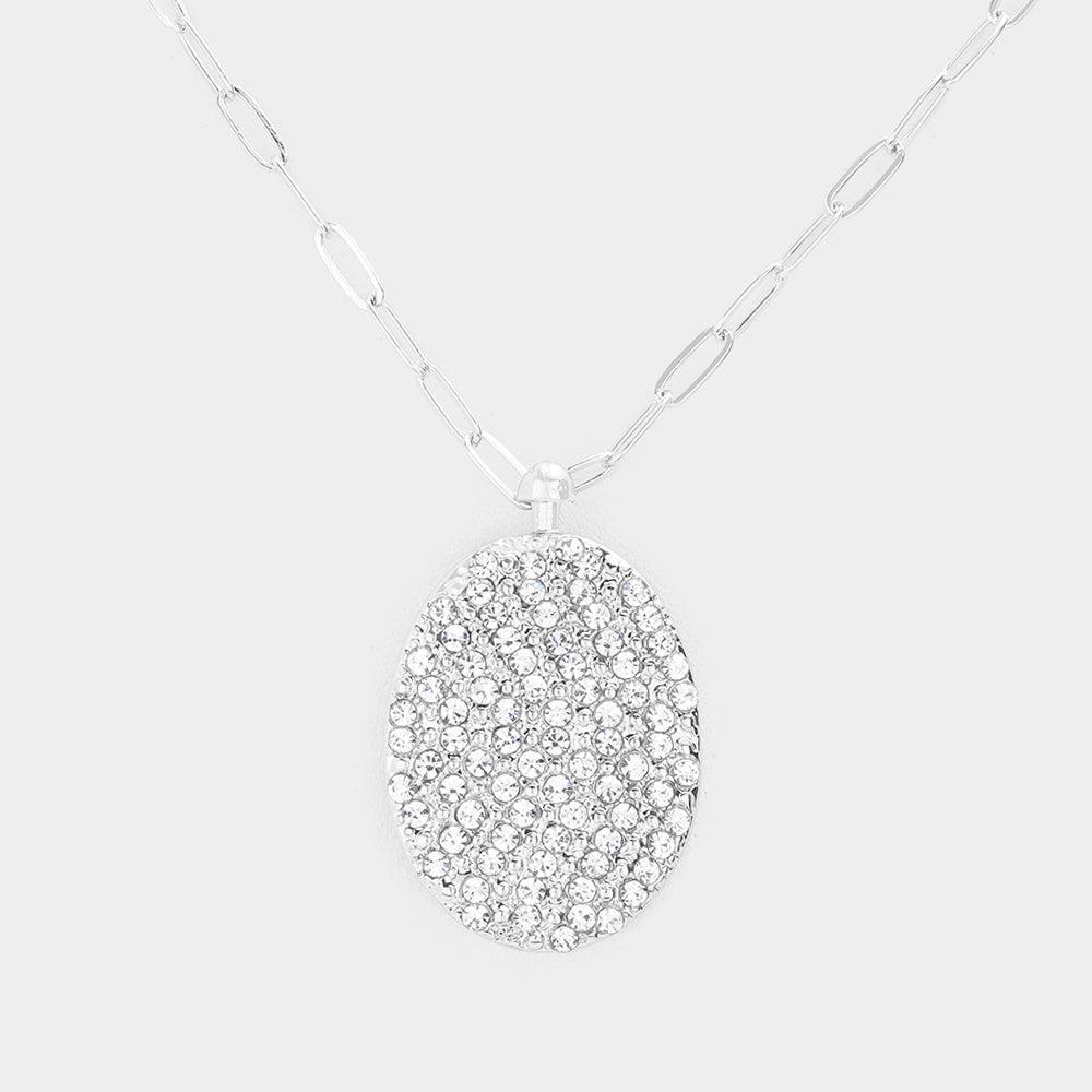 Rhinestone Embellished Metal Oval Pendant Necklace - Jewelry Store by Erik Rayo
