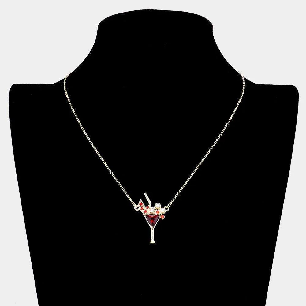 Red Pearl Stone Embellished Cocktail Pendant Necklace - Jewelry Store by Erik Rayo