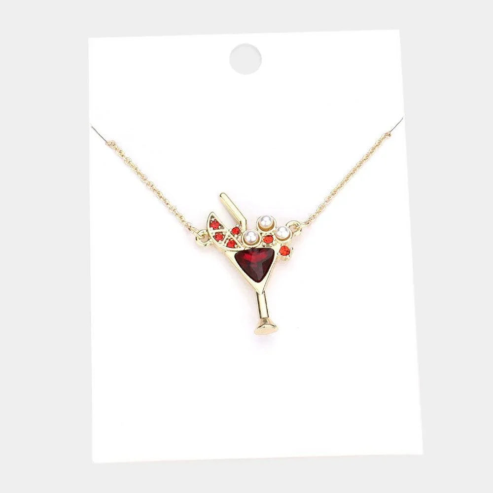 Red Pearl Stone Embellished Cocktail Pendant Necklace - Jewelry Store by Erik Rayo