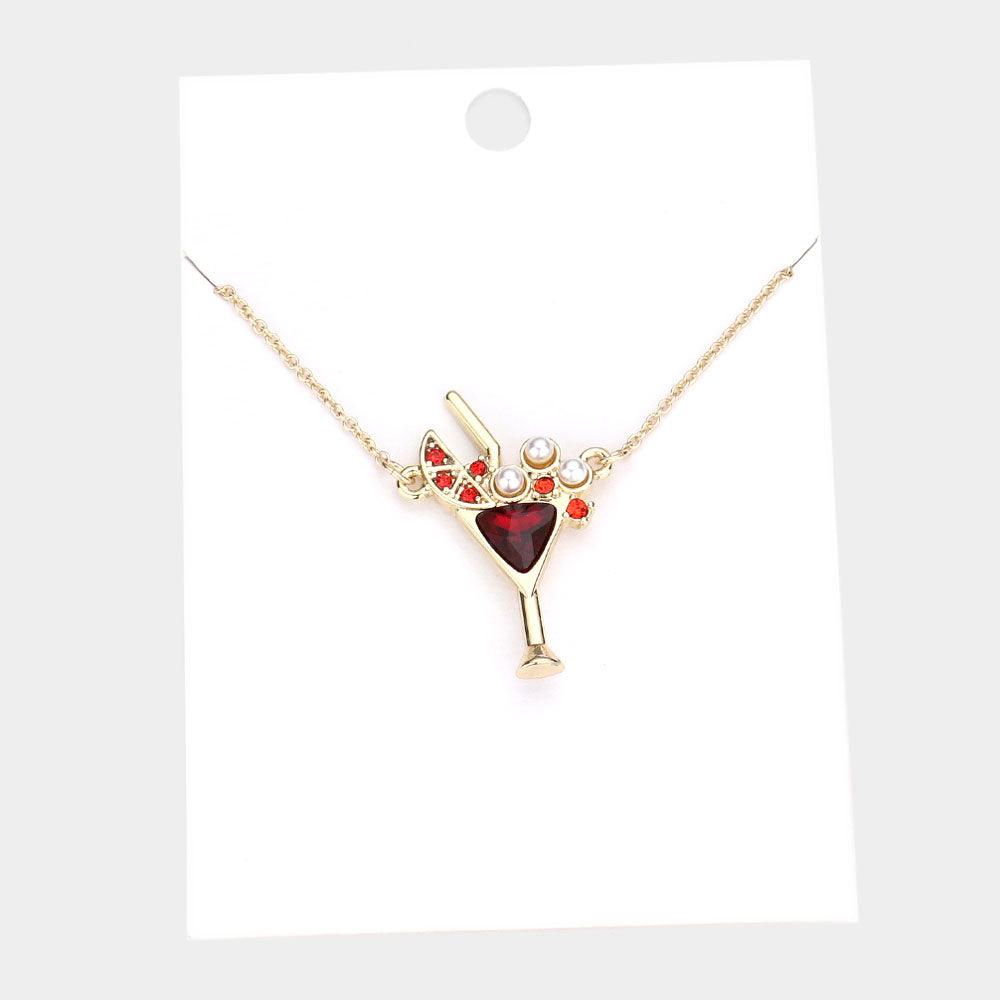 Red Pearl Stone Embellished Cocktail Pendant Necklace