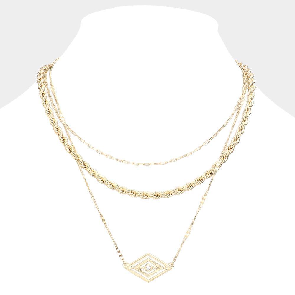 Gold Rhinestone Centered Metal Rhombus Pendant Triple Layered Necklace - Jewelry Store by Erik Rayo