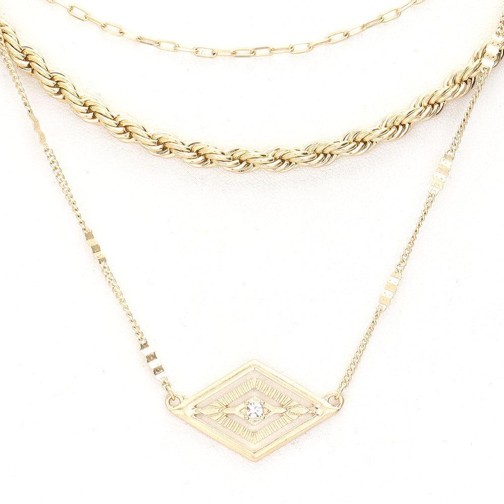 Gold Rhinestone Centered Metal Rhombus Pendant Triple Layered Necklace - Jewelry Store by Erik Rayo