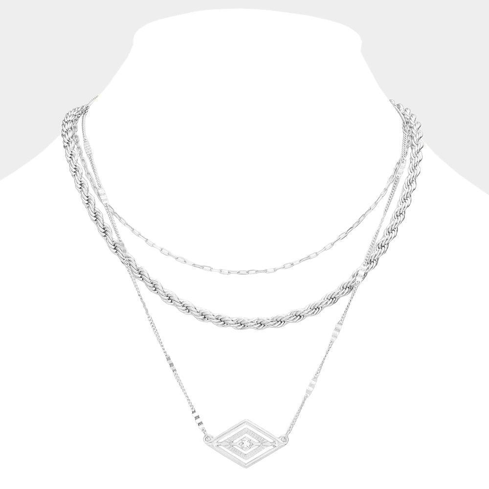 Silver Rhinestone Centered Metal Rhombus Pendant Triple Layered Necklace - Jewelry Store by Erik Rayo