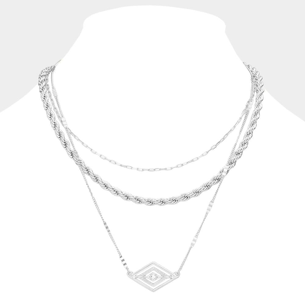 Silver Rhinestone Centered Metal Rhombus Pendant Triple Layered Necklace