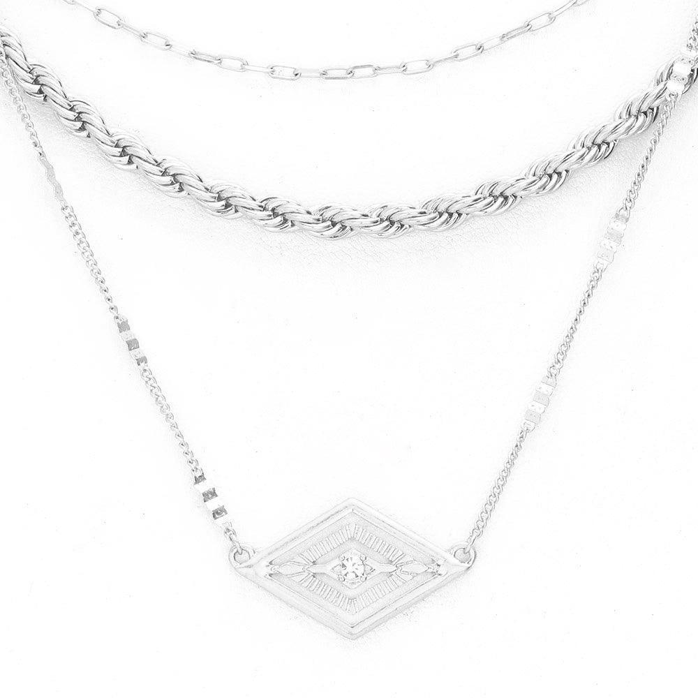 Silver Rhinestone Centered Metal Rhombus Pendant Triple Layered Necklace - Jewelry Store by Erik Rayo