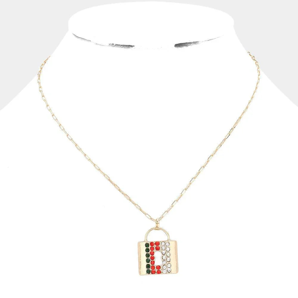 Gold Color Block Rhinestone Embellished Lock Pendant Necklace - Jewelry Store by Erik Rayo