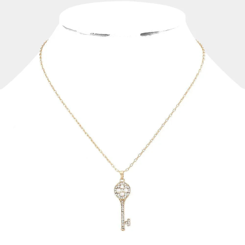 Gold Rhinestone Embellished Key Pendant Necklace - Jewelry Store by Erik Rayo
