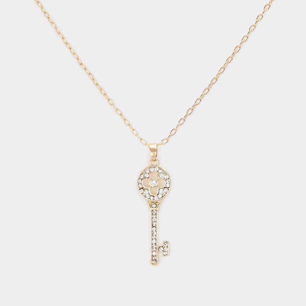Gold Rhinestone Embellished Key Pendant Necklace - Jewelry Store by Erik Rayo