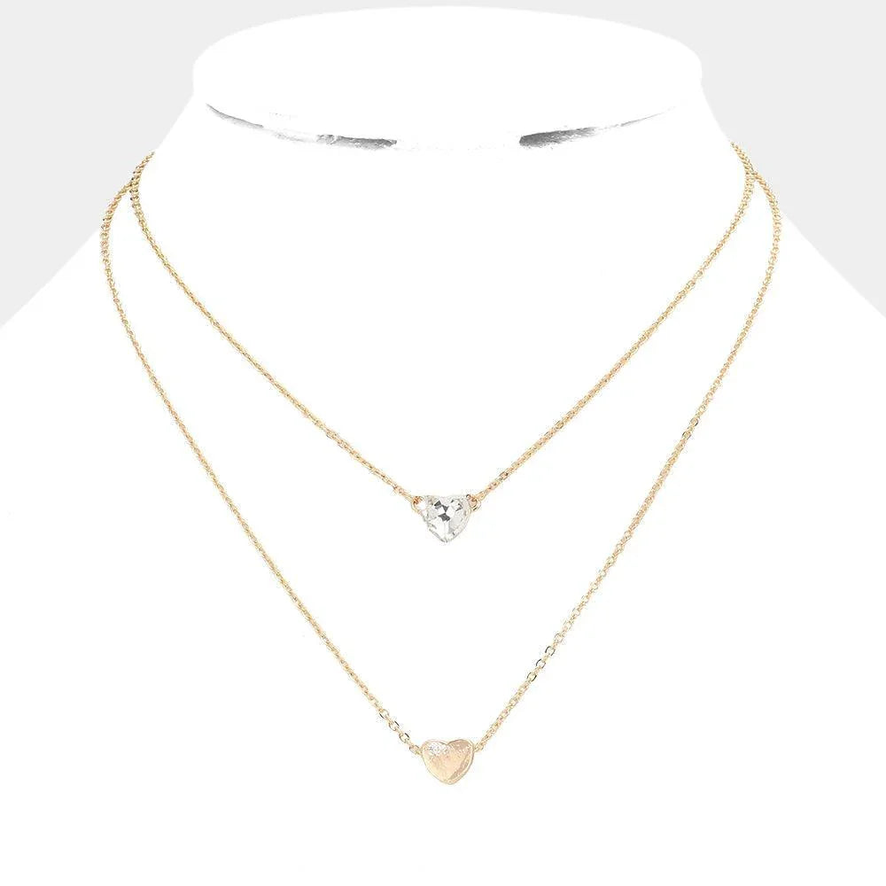 Gold Round Stone Metal Heart Pendant Layered Necklace - Jewelry Store by Erik Rayo