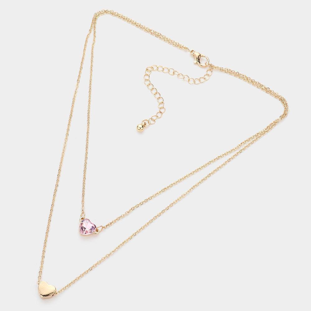 Pink Round Stone Metal Heart Pendant Layered Necklace - Jewelry Store by Erik Rayo