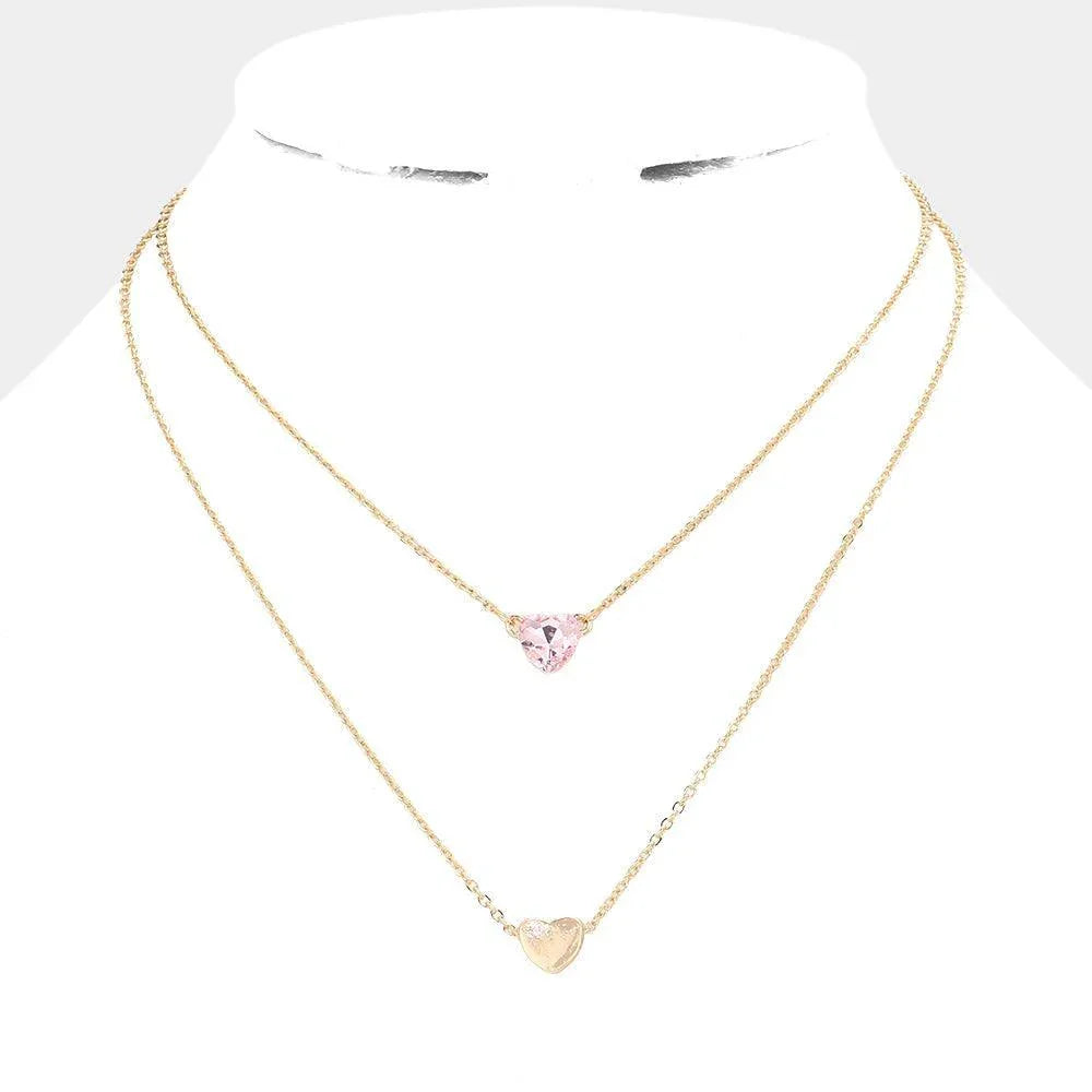 Pink Round Stone Metal Heart Pendant Layered Necklace - Jewelry Store by Erik Rayo