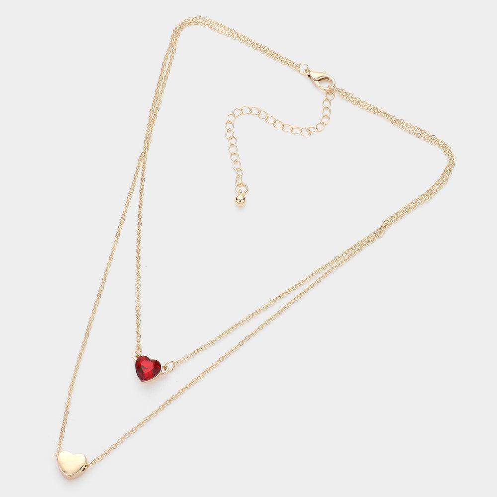 Red Round Stone Metal Heart Pendant Layered Necklace - Jewelry Store by Erik Rayo