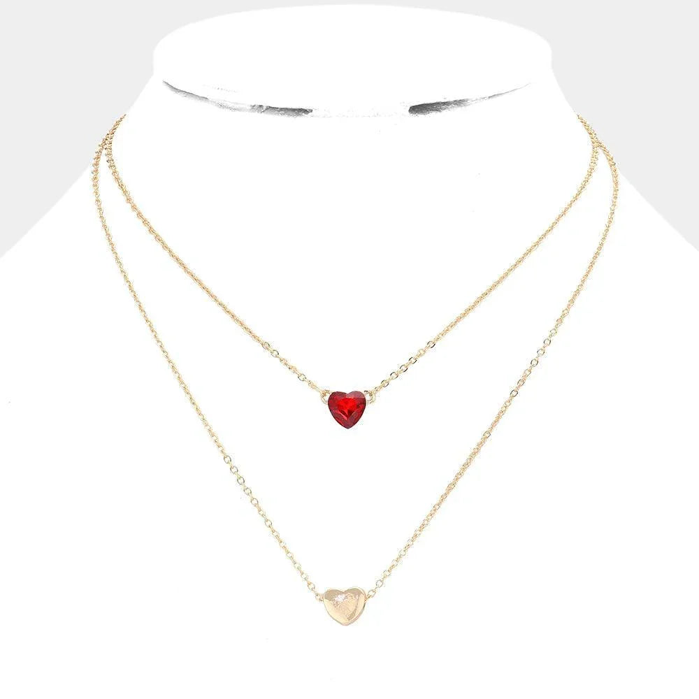 Red Round Stone Metal Heart Pendant Layered Necklace - Jewelry Store by Erik Rayo