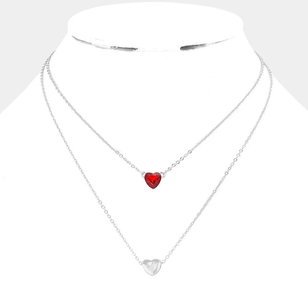 Red Round Stone Metal Heart Pendant Layered Necklace - Jewelry Store by Erik Rayo