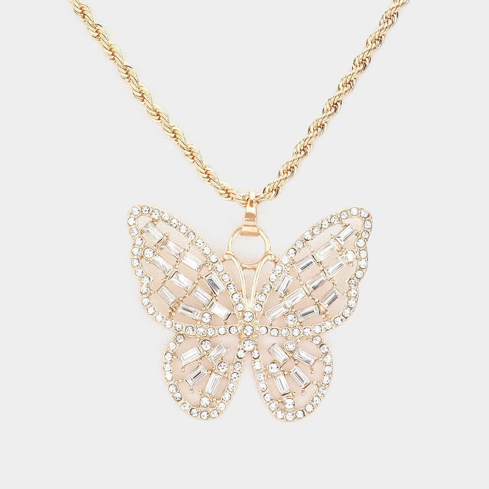Gold Stone Embellished Metal Butterfly Pendant Necklace - Jewelry Store by Erik Rayo