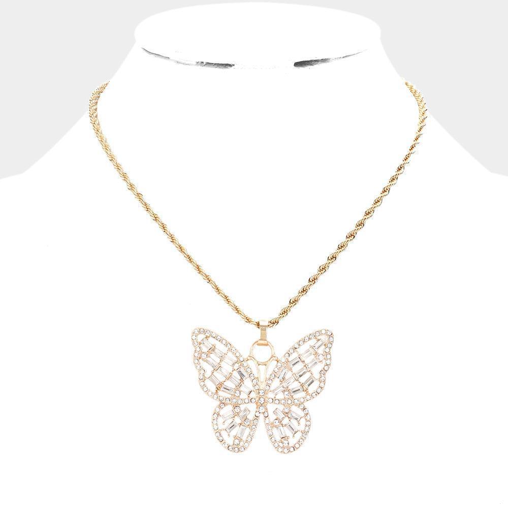 Gold Stone Embellished Metal Butterfly Pendant Necklace - Jewelry Store by Erik Rayo