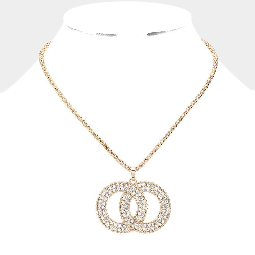 Gold Rhinestone Embellished Double Open Circle Link Pendant Necklace - Jewelry Store by Erik Rayo