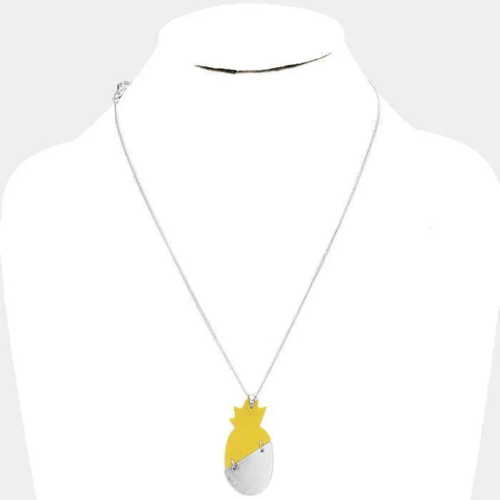 Yellow Pine Apple Faux Leather Metal Long Necklace - Jewelry Store by Erik Rayo
