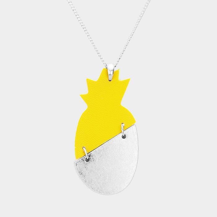 Yellow Pine Apple Faux Leather Metal Long Necklace - Jewelry Store by Erik Rayo