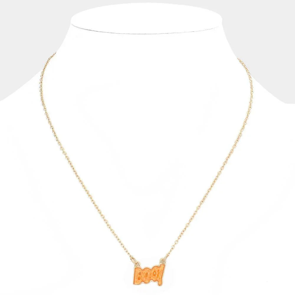 Orange Halloween Boo Message Pendant Necklace - Jewelry Store by Erik Rayo
