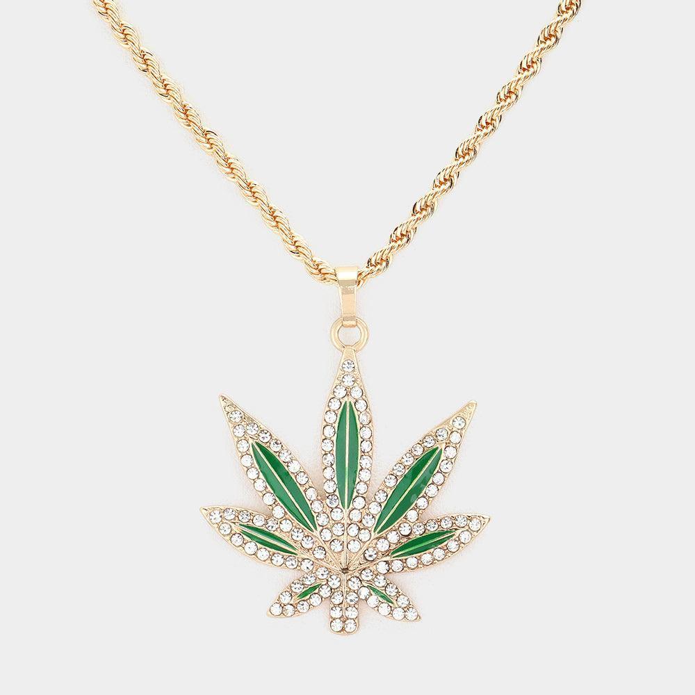 Green Rhinestone Embellished Enamel Metal Hemp Leaf Pendant Necklace - Jewelry Store by Erik Rayo